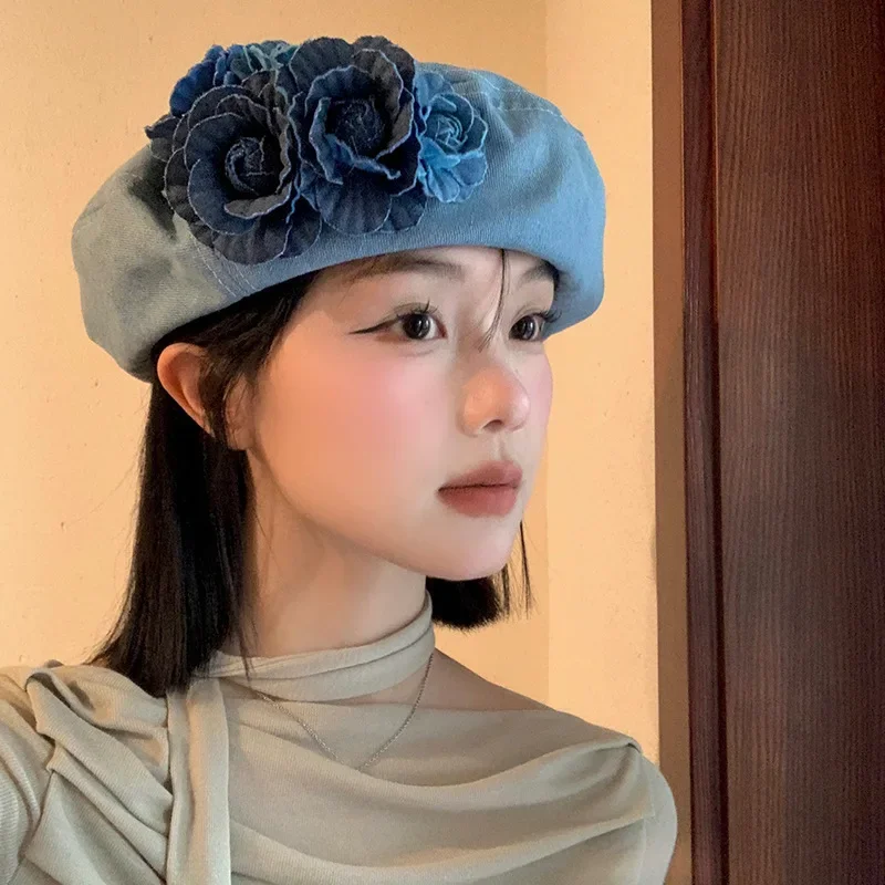 Denim Flower Elegant Summer Spring Berets Ladies Women Girls Fashion Trendy Outdoor Street Cap