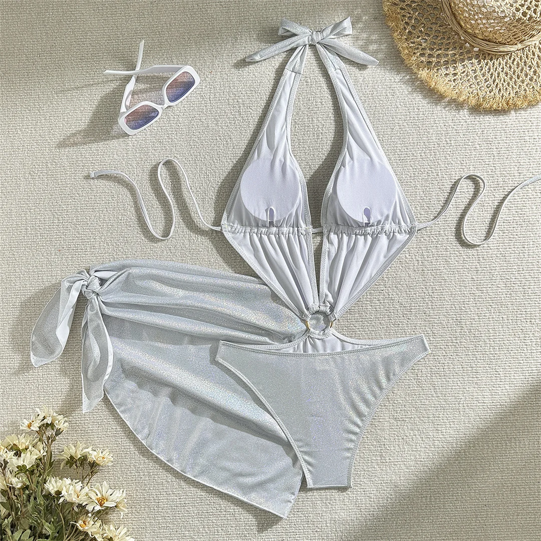 Mit Sarong Glitzer Funkelnder Einteiliger Badeanzug mit tiefem V-Ausschnitt für Damen, Badebekleidung, Damen-Badeanzug mit Ausschnitten und Neckholder, Badeanzug V5754 – Detail 20