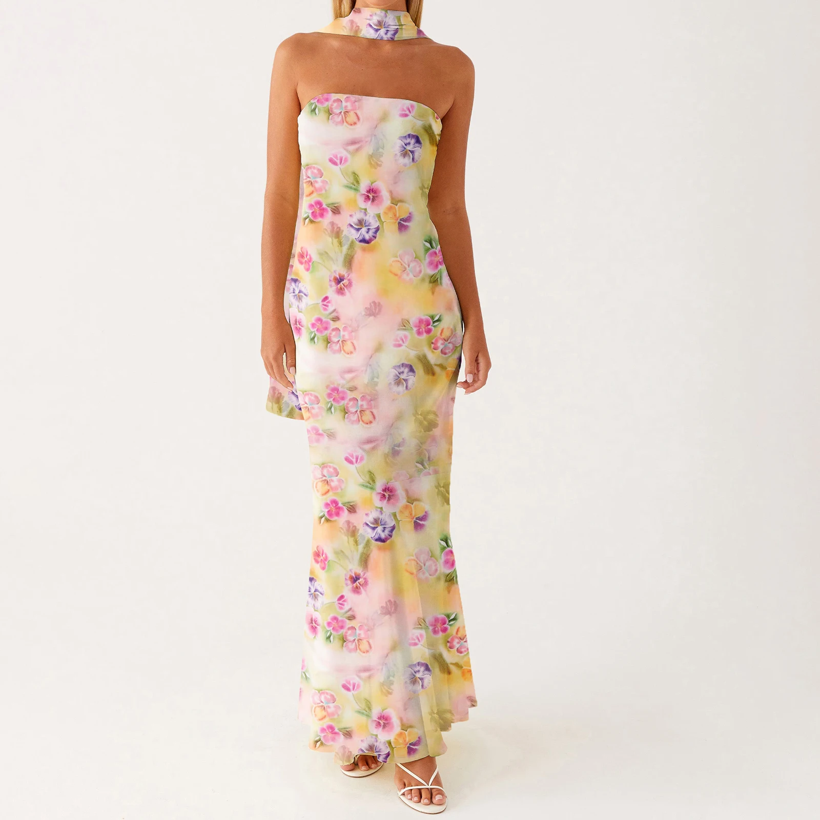 女性カラフルなフラワープリントオフショルダーノースリーブフリル裾マーメイドロングボディコンストラップレスチューブドレススカーフ付き