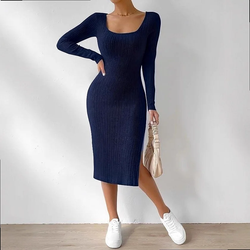 Elegant Square Neck Dress with Side Slit Jacquard Brushed Fabric for Women Spring Summer Dresses