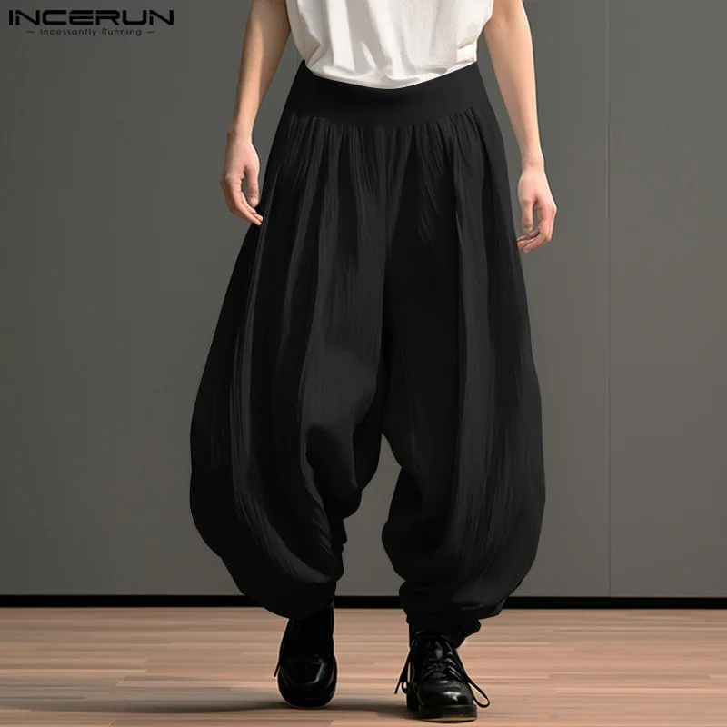 

INCERUN Men Wide Leg Pants Solid Color Elastic Waist Loose Casual Trousers Men Oversize 2024 Streetwear Fashion Long Pants S-5XL