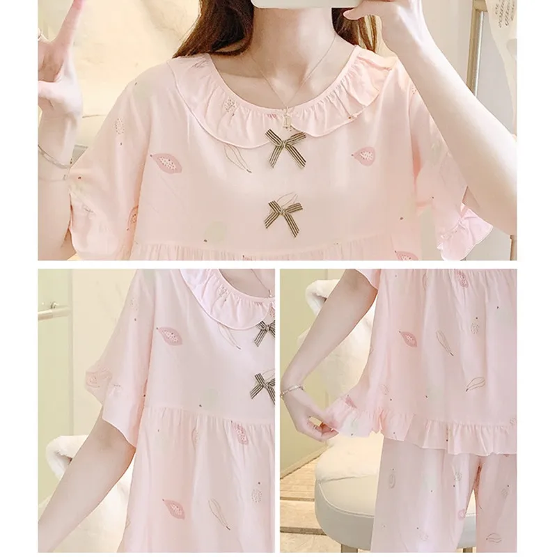 UHYTGF Pajamas Women's Printed Cotton Silk Thin Home Clothes Female Summer Two-Piece Set Sleepwear Sweet Student Nightgown 2474