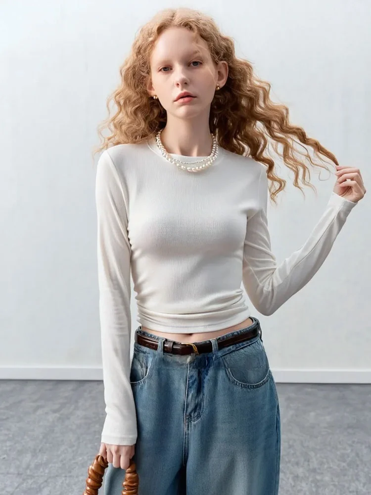 

White Slim Fit Long Sve round Ne T-irt Versatile Basic Winter New Arrival Simple Sle by ZhuoZhi French Sle Casual ...