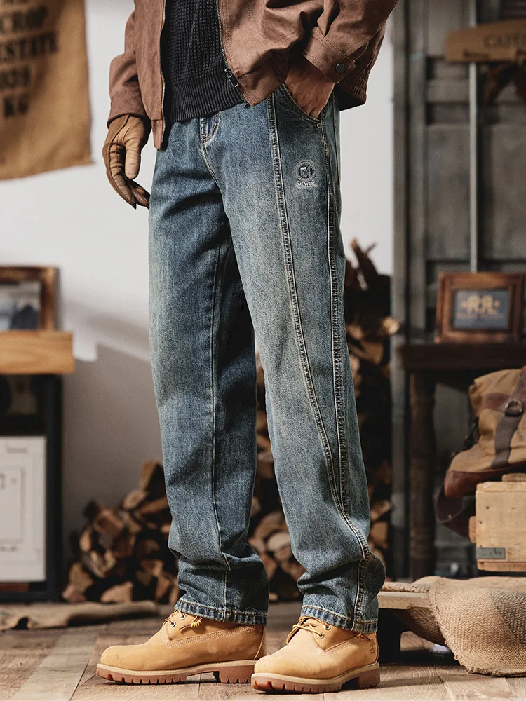 

Мужские джинсы в стиле американского ретро, пэчворк, рабочие, весна-осень, новые, свободные, прямые, повседневные, удлиненные, с эффектом потертости, свободного кроя