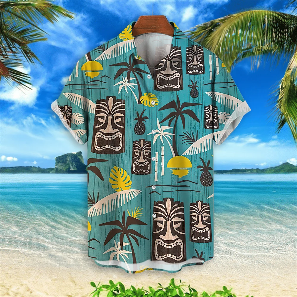 Hawaii-Hemden mit 3D-Tiki-Druck für Männer Retro-Herren hemd lose lässige Herren bekleidung New Fashion Trend Man Kurzarmhemd