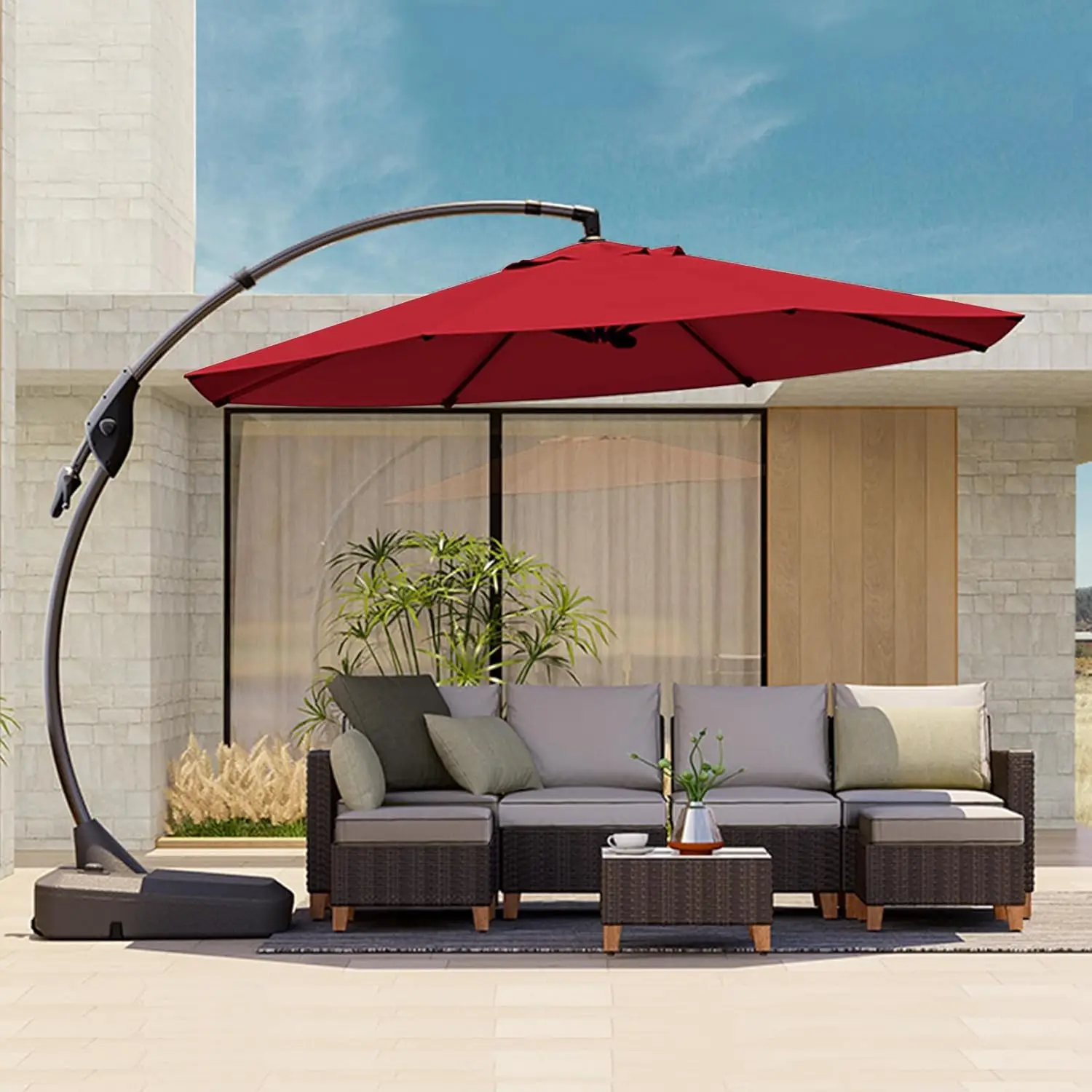 

12FT Outdoor Cantilever Umbrella Large Round Aluminum Offset Umbrella with Base for Garden Deck Patio (Red, 12 FT)