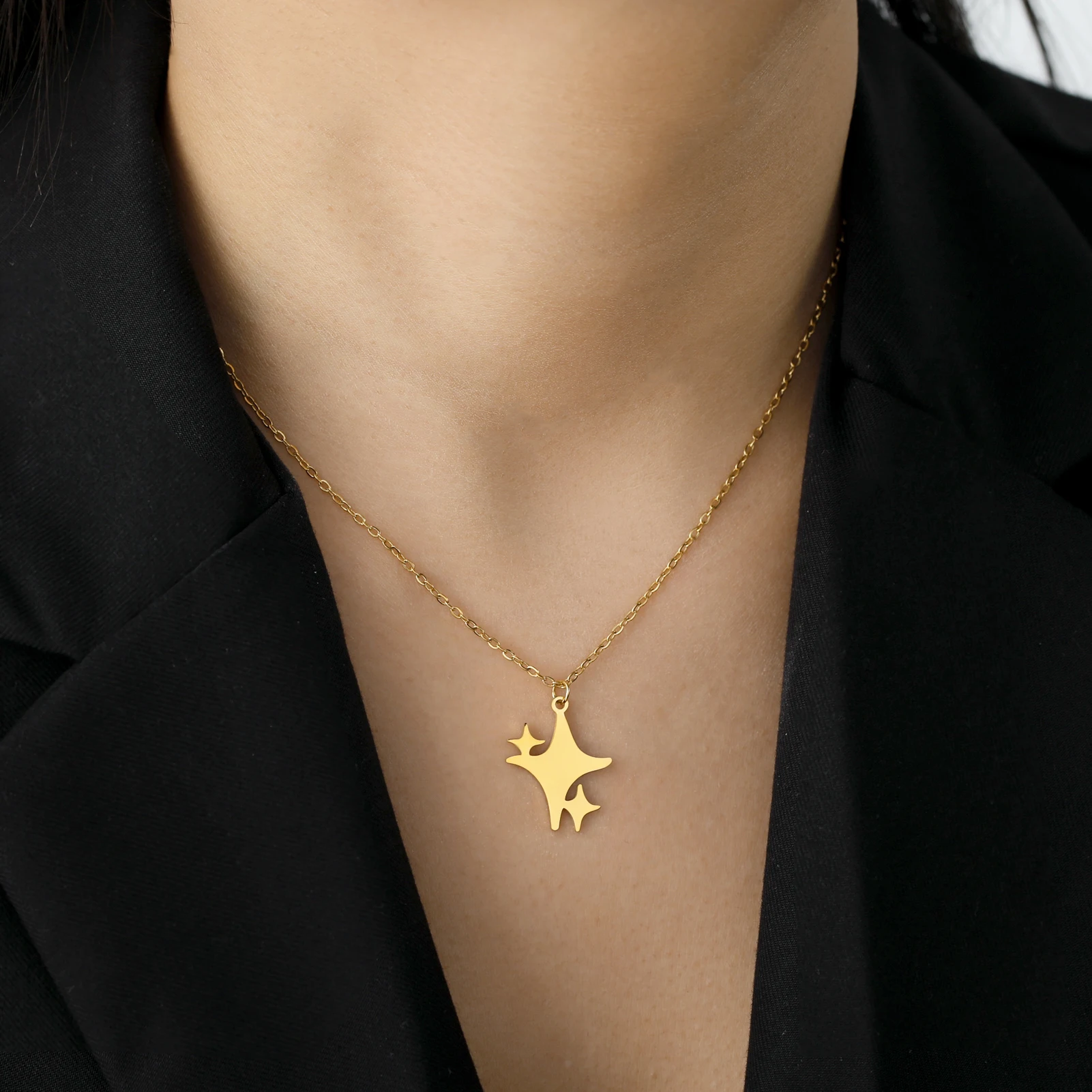 KKjoy Stern-Anhänger-Halskette für Damen, silberfarben, Edelstahlperlen, Doppelketten-Halsbänder, minimalistischer Schmuck, Accessoires, neu – Detail 15