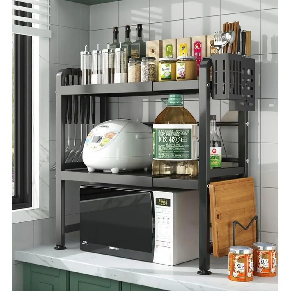 

Расширяемая двухуровневая полка для микроволновой печи с крючками, ножом и держателями для палочек — компактный кухонный органайзер для дома, общежития, хранения на колесах