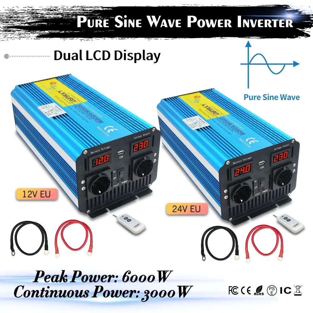 Imagem -04 - Inversor Solar de Onda Senoidal Pura dc 12v 24v Transformador de Tensão Conversor Carregamento Usb 6000w