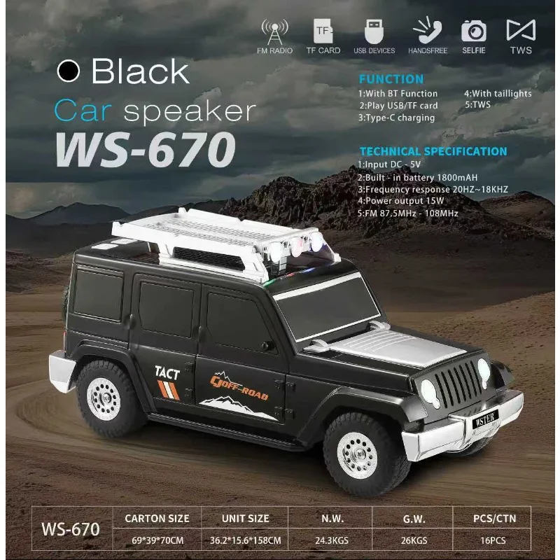 Caixa de Som Bluetooth para Carro de Alta Potência 15W, WS-670, Caixa de Som Portátil Sem Fio com Bateria de 1800mAh, Rádio FM, Cartão TF, Reprodução USB