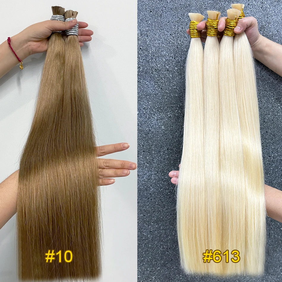 Extensiones de cabello humano Remy virgen brasileño 100%, pelo trenzado liso a granel, 50g, 100g, Color rubio Natural 10 #, 12-30 pulgadas