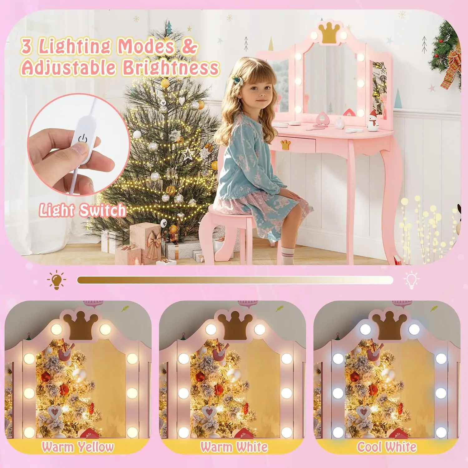 Vanité pour enfants avec lumières, ensemble table de maquillage et tabouret en bois rose pour filles, ensemble table et chaises de jeu de simulation