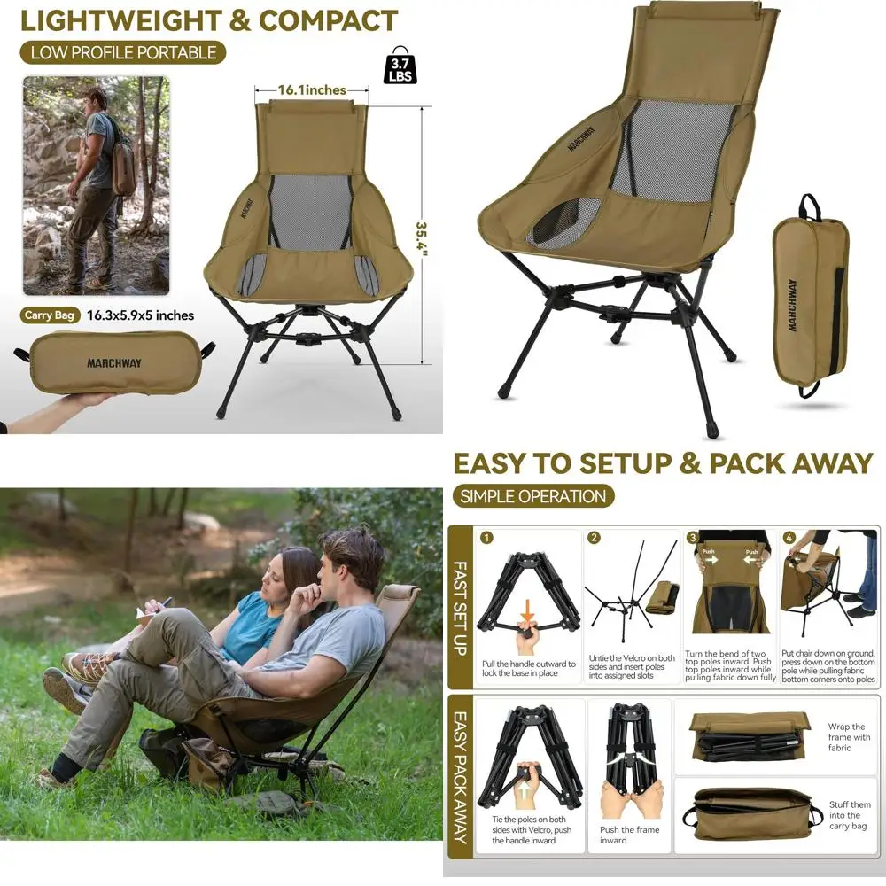

Compact High-Back Camping Chair with Headrest - Stable, Portable, and Comfortable for Outdoor Adventures, Beach, Picnics, Festiv
