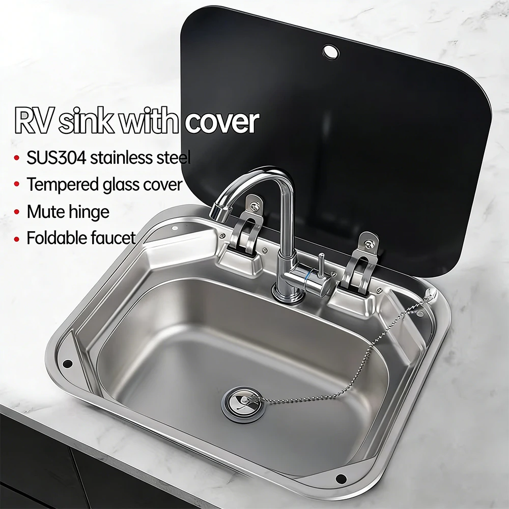 RV Stainless Steel Sink, Square Dishwashing Basin, Kitchen Wash Basin, Marine Sink with Cover Plate