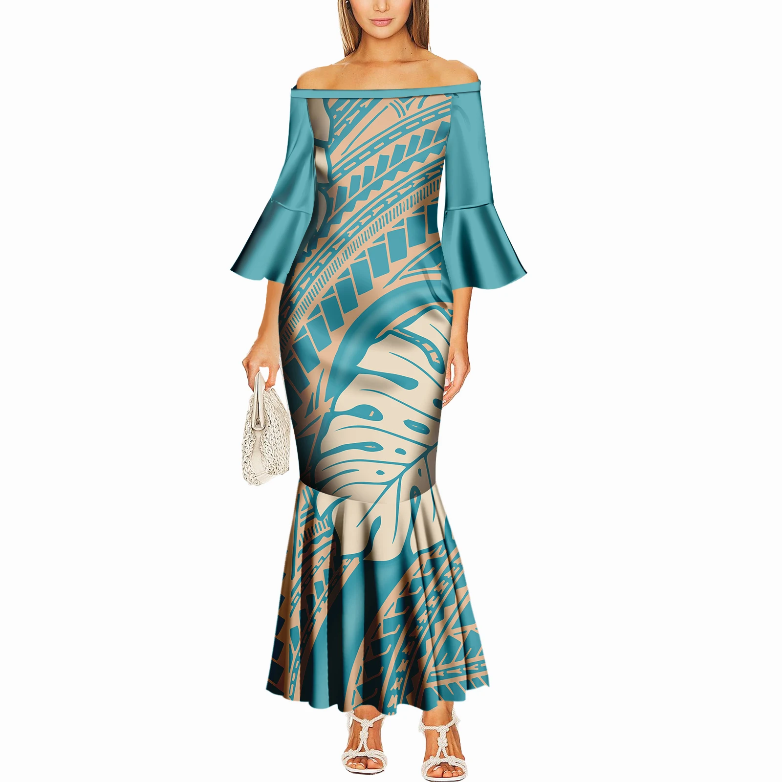 فستان صيفي بكتف واحد وأكمام واسعة على شكل جزيرة بولينيزية للنساء تصميم صديق للبشرة طويل مثير مصنوع حسب الطلب فستان ذيل السمكة النحيف #4