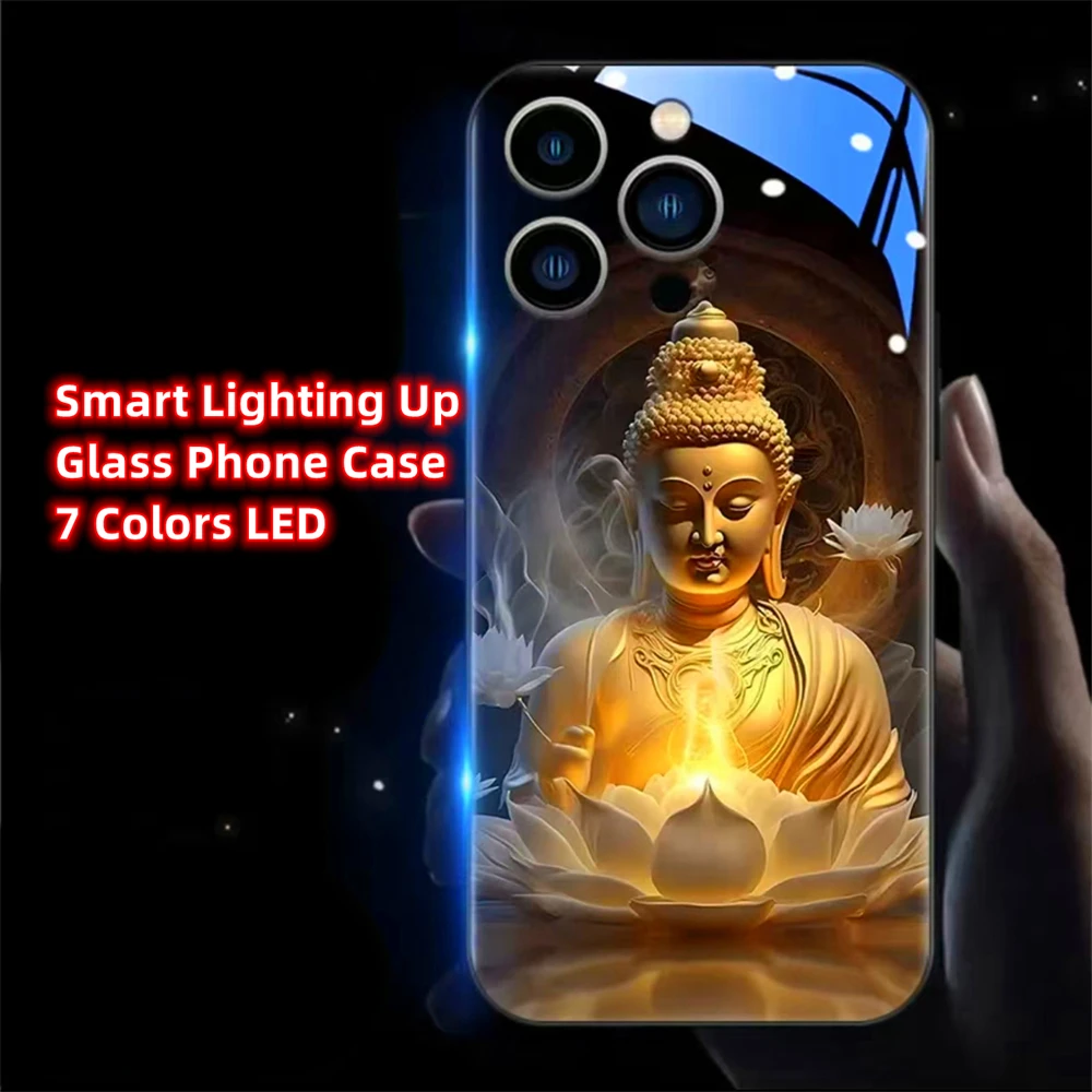 

Great Buddha Blessed Luminous Tempered Glass Phone Case LED Cover For iPhone16 15 14 13 12 11 Pro Max XR XS Plus SE2020