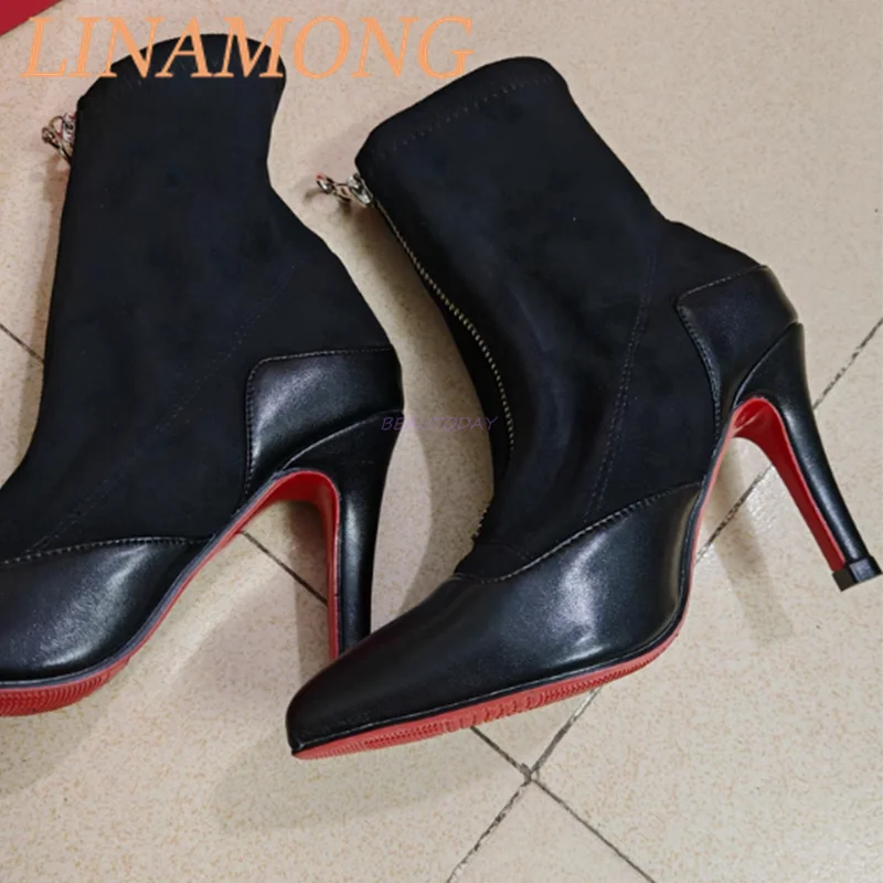 

Leather Front Zipper Short Boots Metal Ring Decoration for Autumn and Winter Plush Fine Heels New Sexy Pointed High-Heeled Boots
