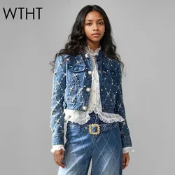 WTHT New Trendy Women's Plaid Pearl Diamonds Short Denim Jacket 2025 Spring Fashion O-neck Long Sleeves Coat Female 1LS695