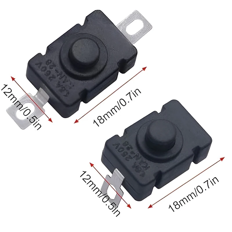 10 Stück KAN-28 selbstsichernder (Typ halten) Netzschalter 12 x 18 mm 1,5 A 250 VAC flache Füße/gebogene Füße/Patch-Taschenlampenschalter – Detail 5