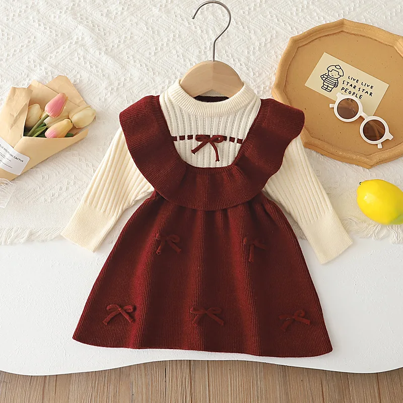 Charming False Two‑piece Knitted Dress for Little Girl Ruffle Kids Warm Autumn Winter Princess Party Dresses with Bowtie JY09071