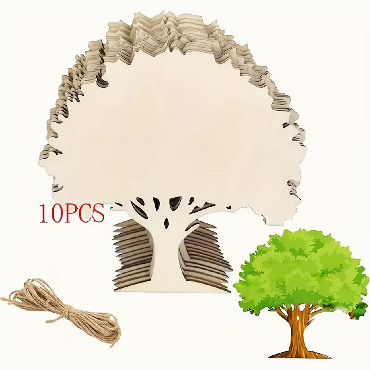 10Pcs Unfinished Wooden Tree Ornaments Blank Tree Shape Wood Cutouts with Jute Rope for Nature Theme DIY Hanging Decor