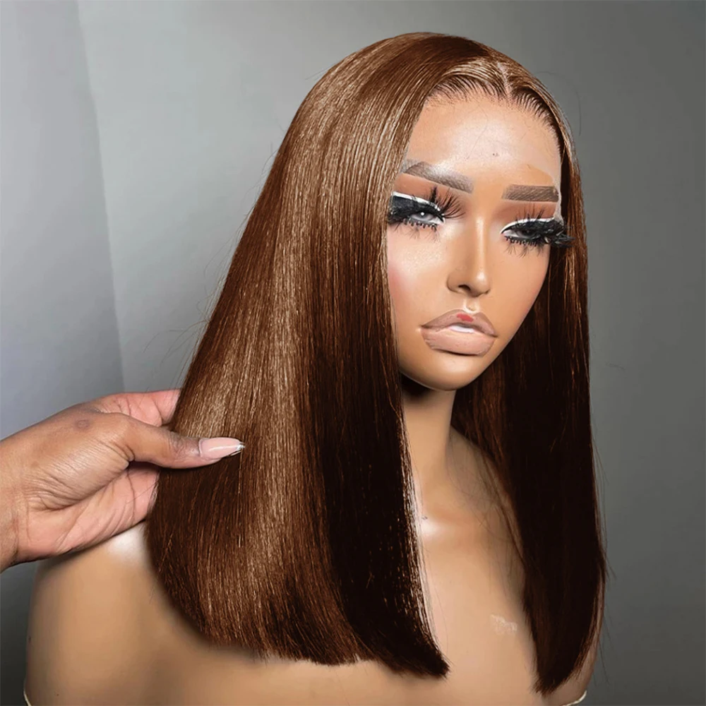 

Chocolate Brown 13x4 Lace Frontal Straight Bob Pre Plucked Human Hair Wig Brazilian Remy Bone Straight Short Bob Lace Front Wig
