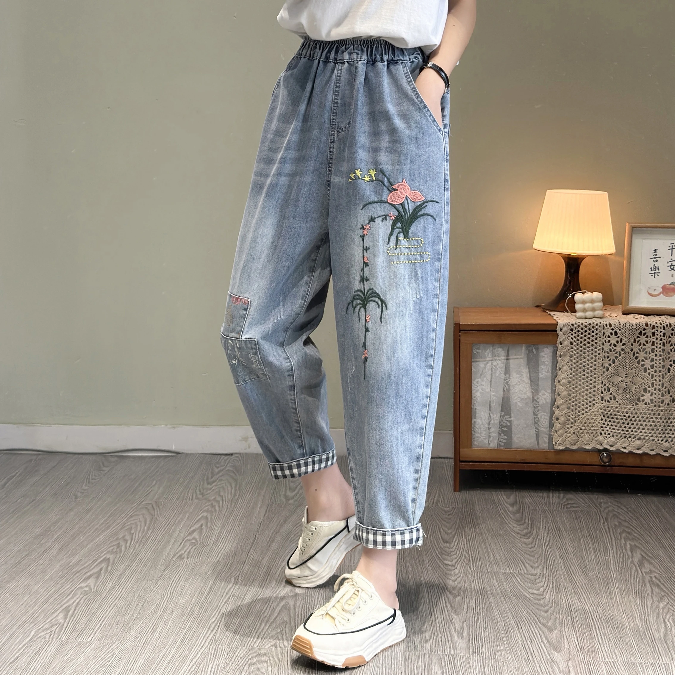 Light Blue Thin Loose Jeans For Women's Summer High Waisted Flower Embroidered Patch Casual Versatile Loose Harem Pants