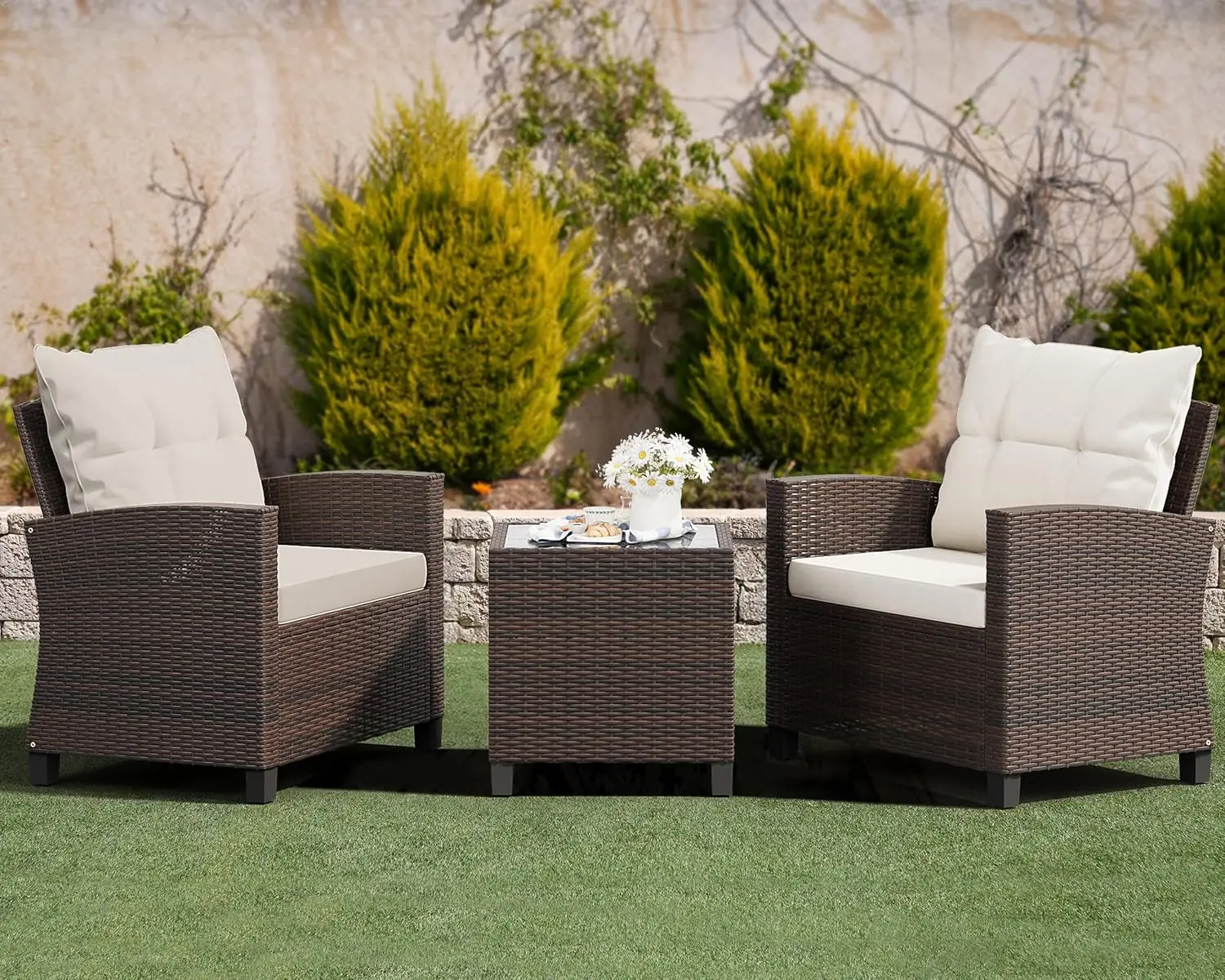 Beige PE rattan wicker 3-piece patio conversation set containing two rattan chairs and glass top table, simple all-weather furniture for garden, poolside, balcony and porch view 2