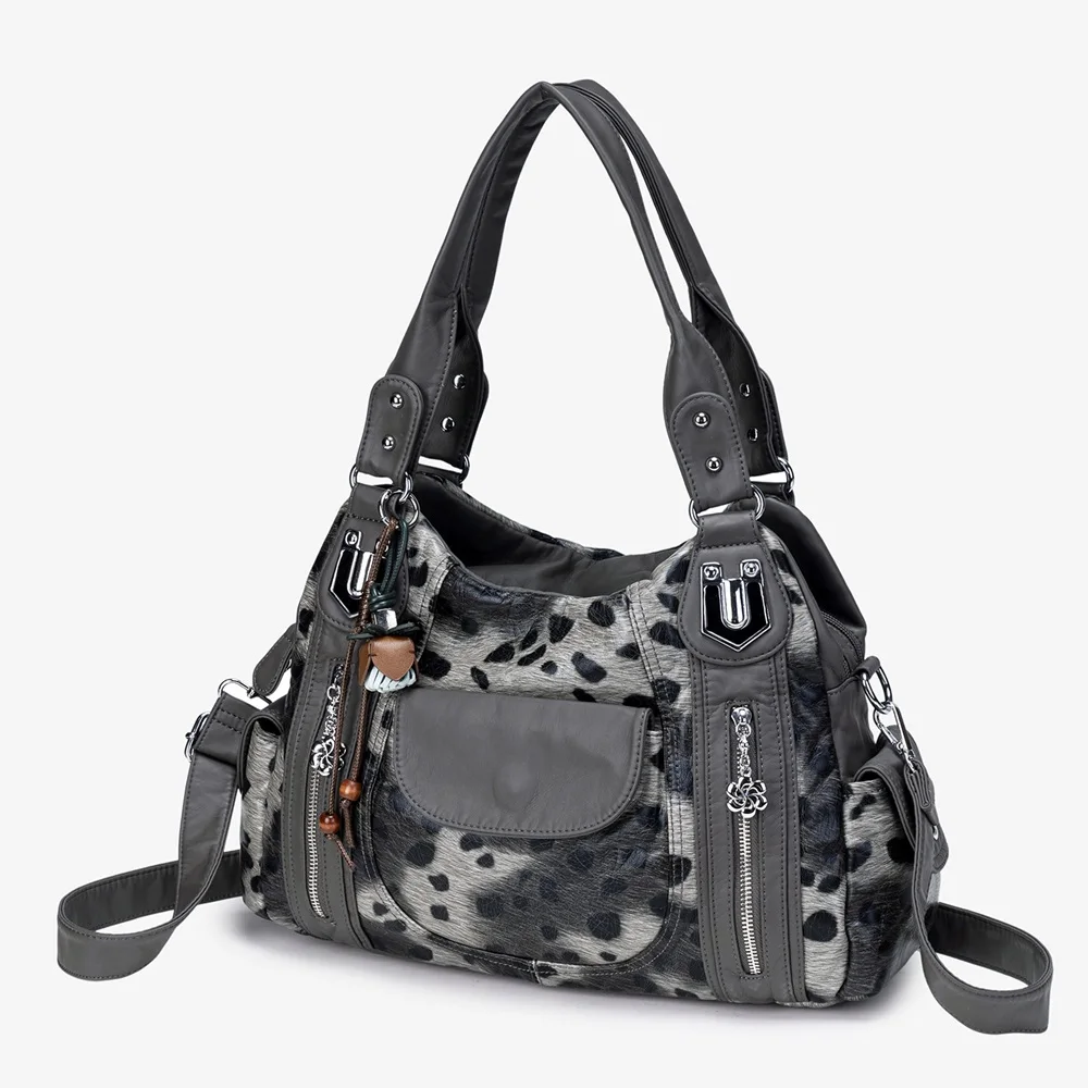 Venn Angel Women's Leopard Print Faux Fur Hobo Shoulder Bag, Vintage Washed PU Spliced Multi Pocket Large Capacity Handbag