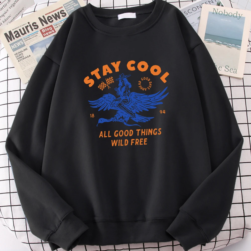 Stay Cool Western Cowboy Goddess Print Sweatshirt Women Street Crewneck Pullover Fleece All-Match Sportswear Hipster Autumn Top