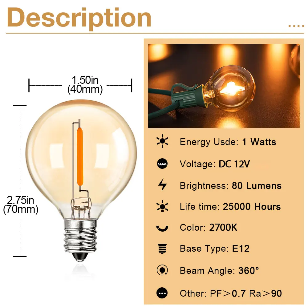 LED Light Bulbs DC 12V 1W E12 Low Voltage Bulb RV Camper Warm White 2700K Vintage Amber Glass Filament Bulbs for Solar Lighting