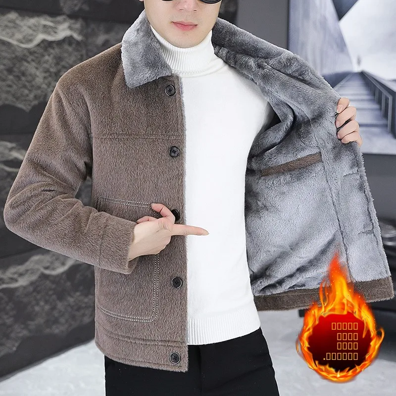 

Мужская зимняя куртка с флисовой подкладкой, воротником из меха кролика, хлопковое пальто, молодежная модная короткая верхняя одежда, приталенный крой, полиэстер