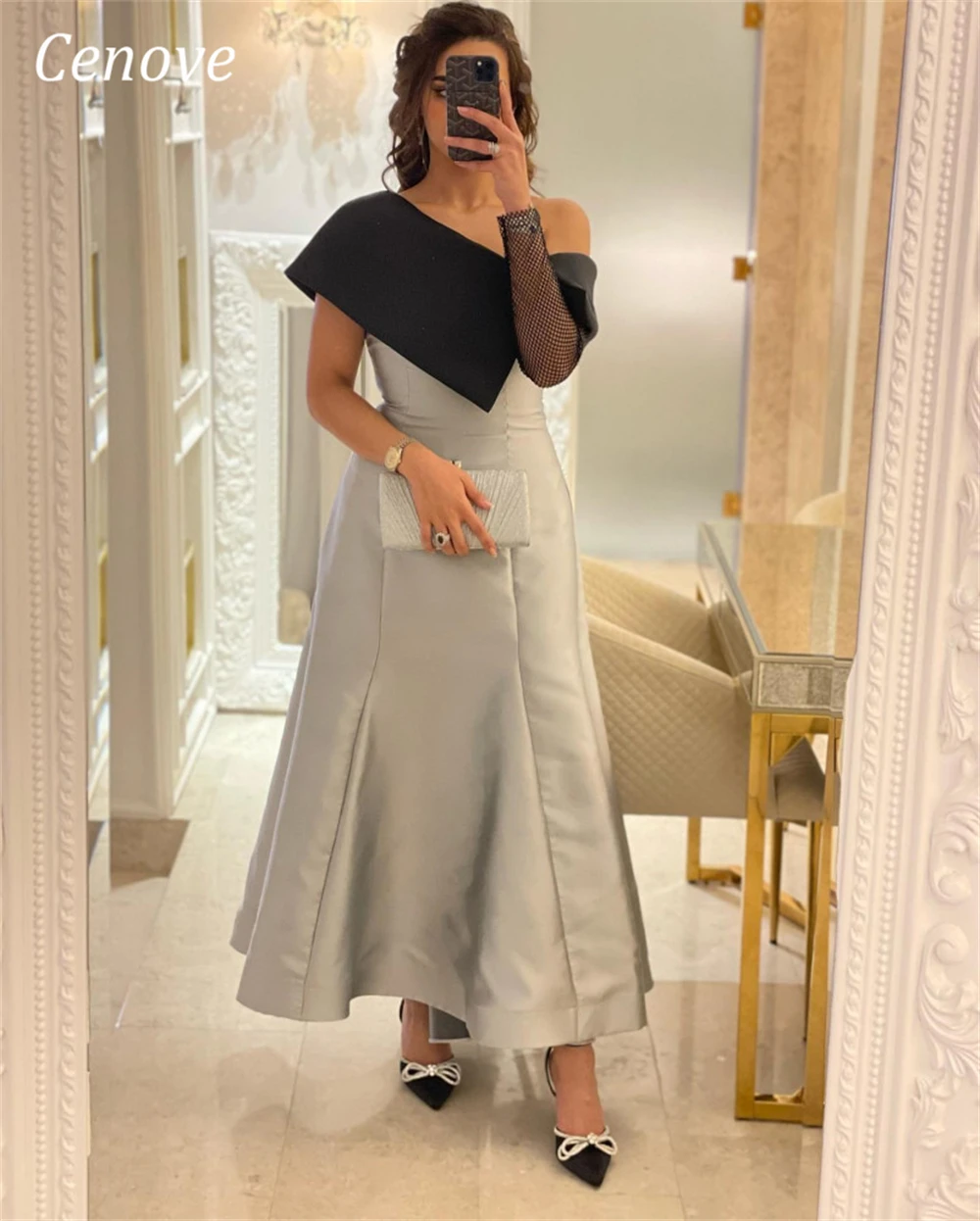 

Cenove A-Line Long Evening Gown Formal Princess One Shoulder Elegant Prom Gray New Party Dresses for Women 2023