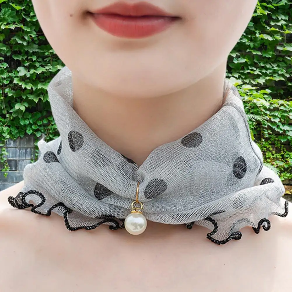 Women Sunscreen Neck Collar Faux Pearl Decor Organza Chiffon Scarf Printing Sheer Trim Loop Scarf Neck Accessory Шарф Для Шеи