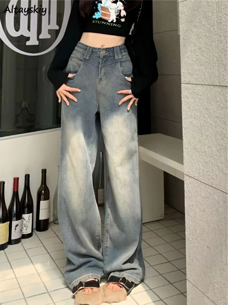 Denim Jeans Women Loose Straight Mopping Leisure Students Unisex Couple Cool High Street Basic Washed Trousers Young Simple OOTD