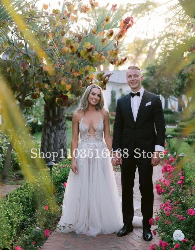 Sexy Bohemian Wedding For Women Elegant Applique Sheer A Word Formal Occasion Customised Long Bridal Gowns Vestidos De Festa