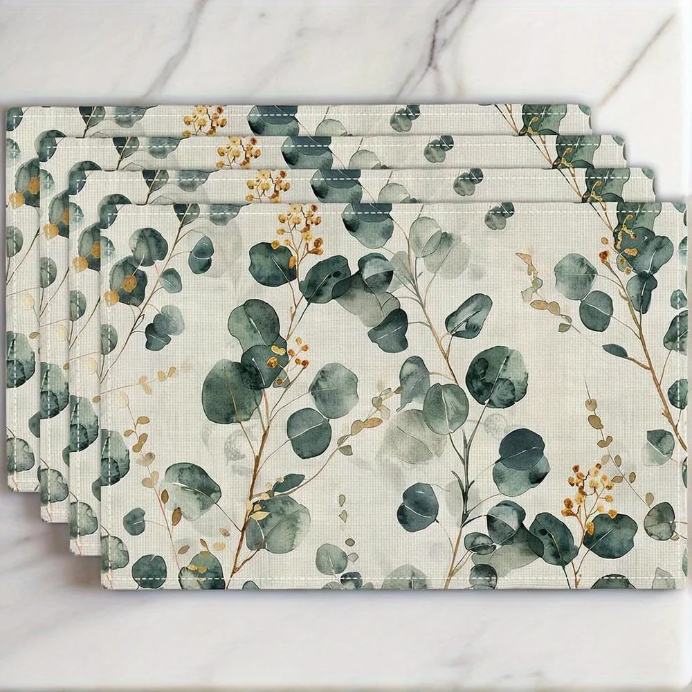 1-Piece Eucalyptus Watercolor Print Placemat, Rectangular Table Mat, Durable & Easy To Clean, Home Dining Table Decor