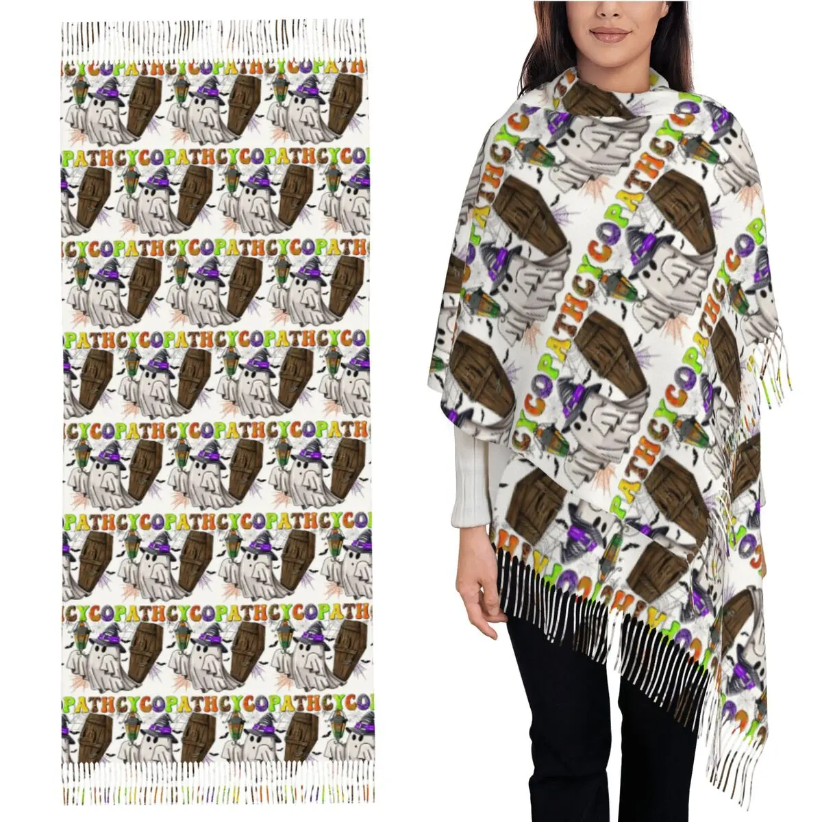 

Цикопат Призрачный фонарь с гробом, шарф на Хэллоуин, шарфы с кисточками для женщин, теплые шали и накидки, большая осенне-зимняя шаль