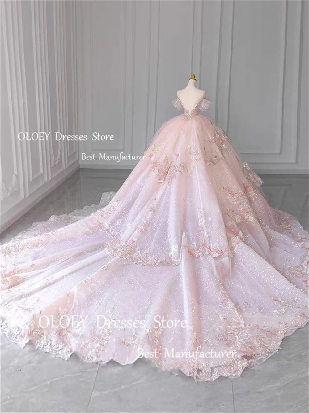 OLOEY Exquisite Glittery Faify Pink Quinceanera Dresses Customized Wedding Gown Beading Pearls Party Gown Off Shoulder Ball Gown