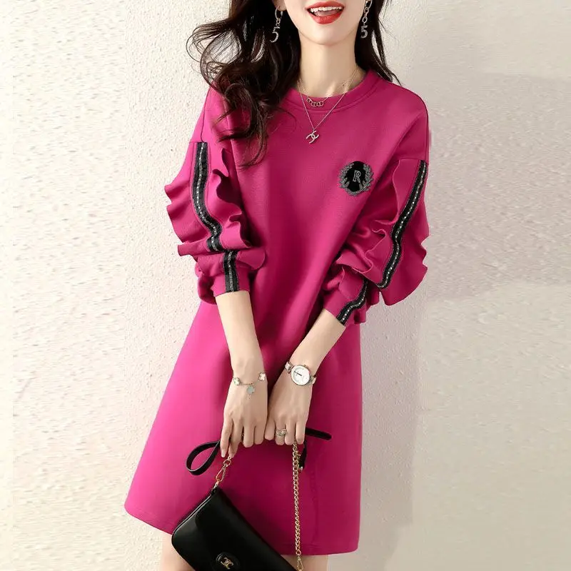 

Spring Autumn New Simple Fashion Versatile Long Sleeve Medium Long Dress Lotus Leaf Sleeve Hoodie Rose Red Dress for Women