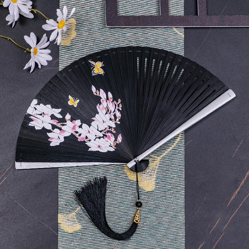 All Bamboo Classical Fan Women Japanese Ancient Classical Black Folding Fan Hanfu Dance Fan Portable Bamboo Fan