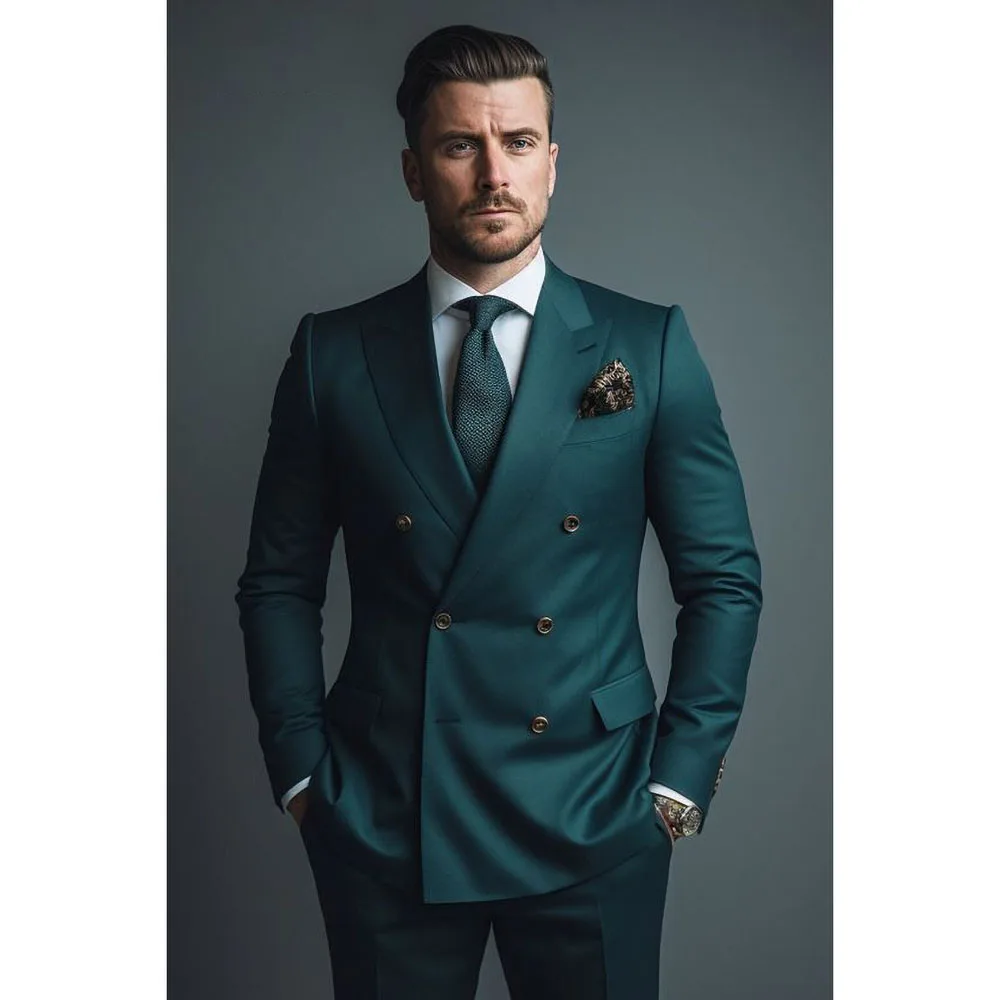 New Arrival Green Men Suits Two Piece Fashion Peak Lapel Double Breasted Suit Business Casual Wedding Tuxedo (Blazer+Pants)