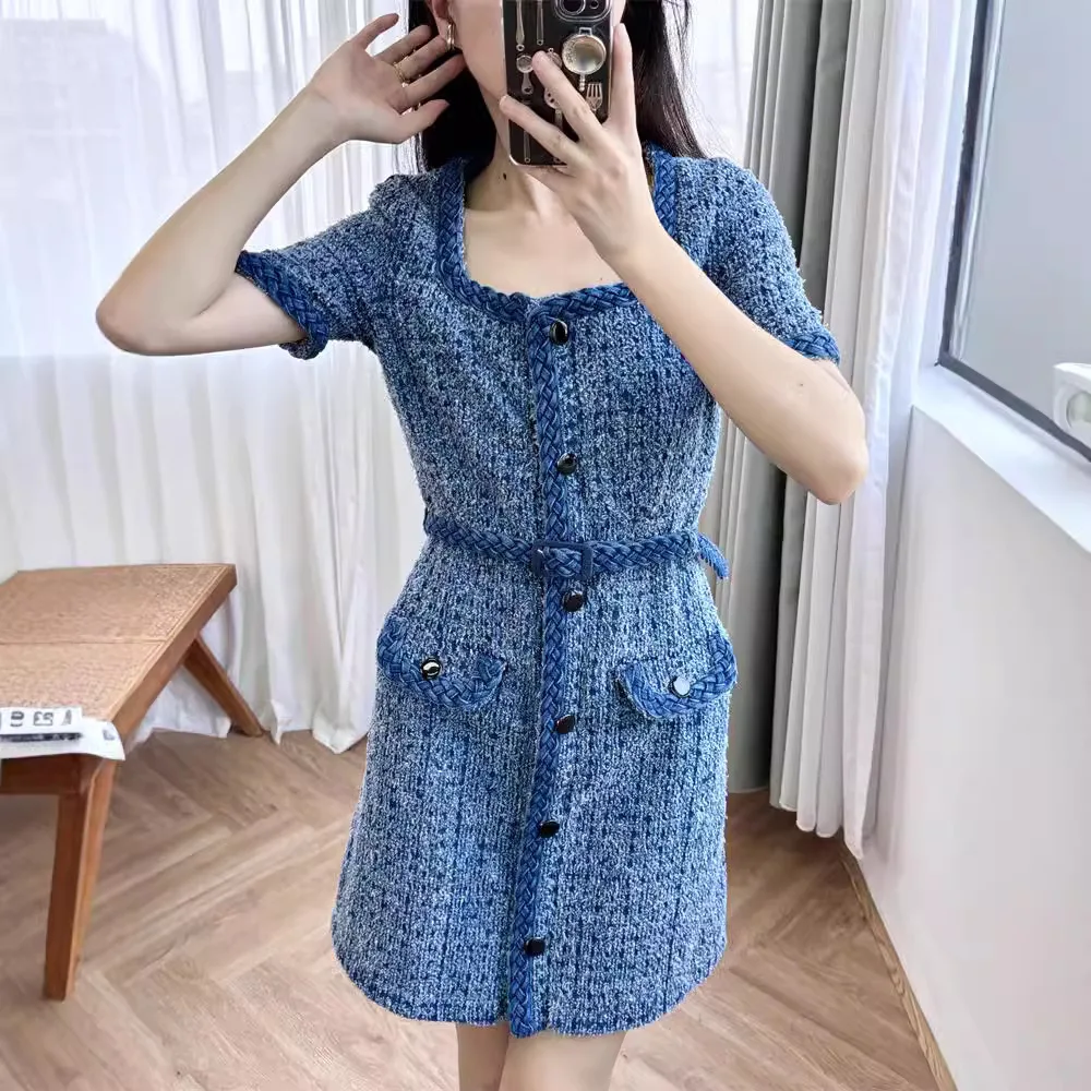 Quality Autumn Winter Denim Blue Coarse Tweed Short Dress Women Elegant Vintage Retro Prom Party Vestidos Mini