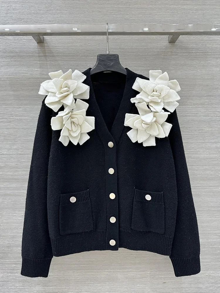 Klassiek retro zwart-wit contrasterend 3D bloem kasjmierwol gemengd gebreid vest dames trui jas trui