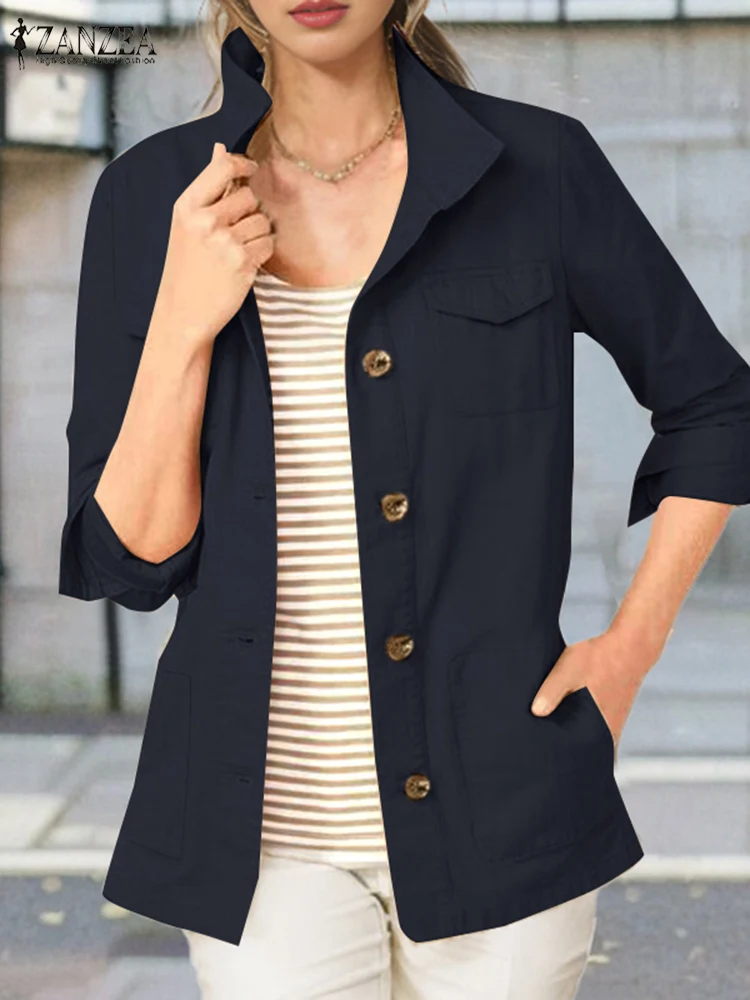 2024 ZANZEA Fashion Autumn Lapel Neck Long Sleeve Jackets Elegant Women Thin Coats Casual Work Tops Solid Spring Outwear Mujer