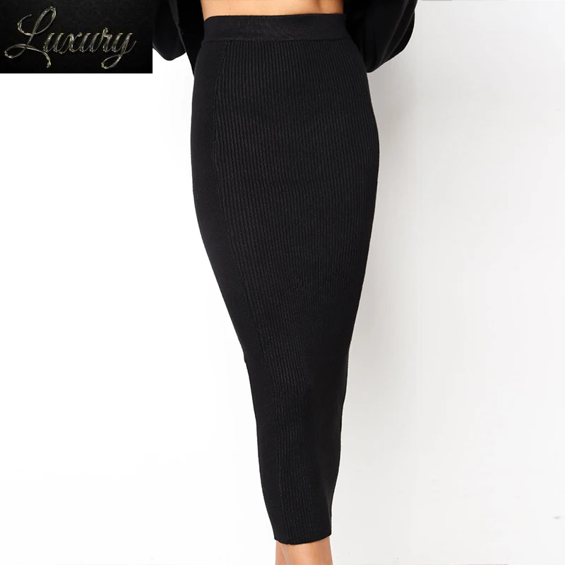 

Women Knitted Bodycon Long Skirt Fashion Sexy Black White High Waist Pencil Skirts Female Elastic Club Wear