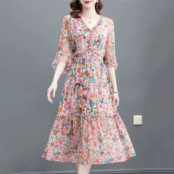 Fashion Print V-neck Loose Chiffon Bohemian Beach Dress 2024 Women Summer Dress New Elegant Ladies Party Dress Women's Clothing