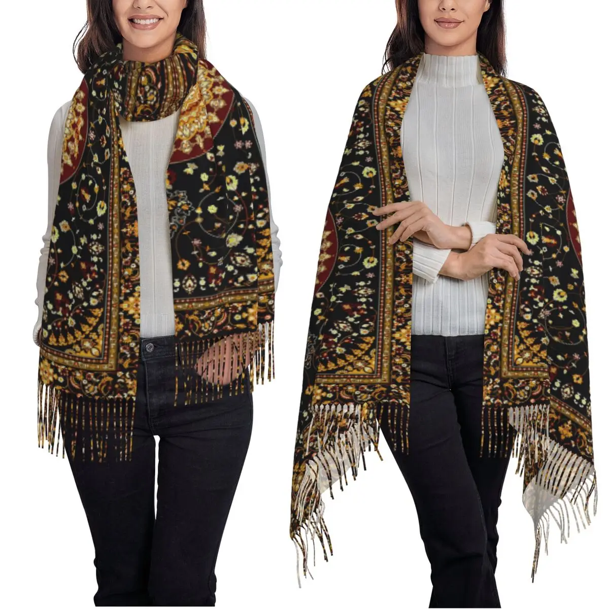 بوهيميا العرقية العتيقة الفارسي السجاد القبلية البساط نمط وشاح شرابة الأوشحة للنساء شال والتفاف طويل الخريف الشتاء شال التفاف