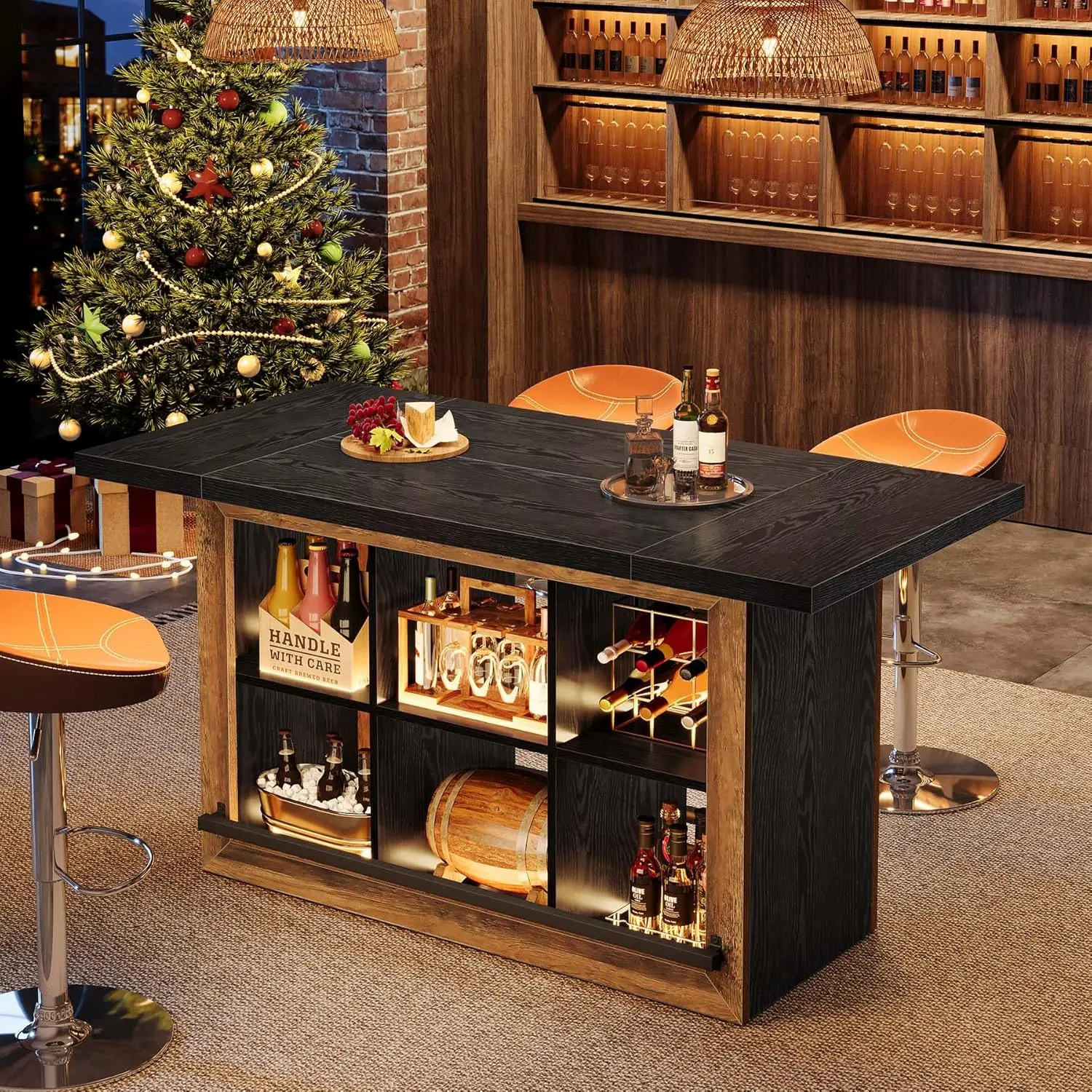 Bar Table with Storage, 62.6" Rectangular Home Bar Cabinet Unit with 6 Spacious Cubbies and Metal Footrests, Large Counter Heigh