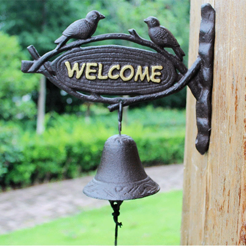 Retro Welcome Bell With Two Little Birds Modeling - Wrought Iron Doorbell, Cast Iron Hand Bells Craft For Gate Of Coffee Shop